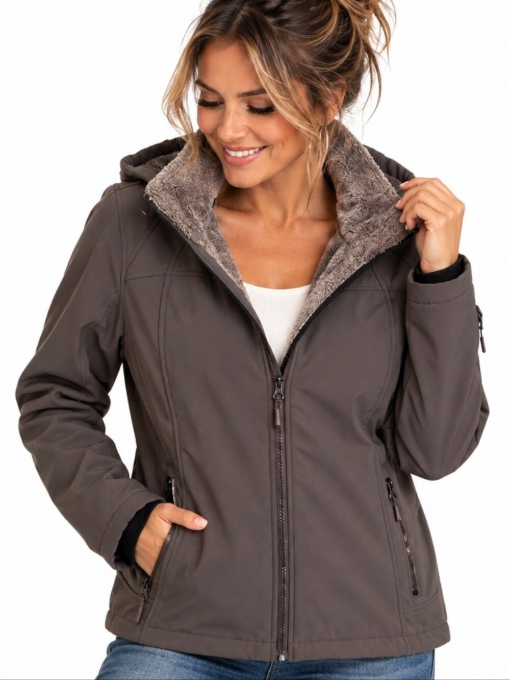 Free Country Super Softshell Faux Fur Lined Jacket BrownMedium 8-10 New‎ No Tags